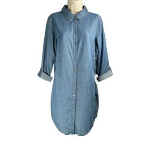Guess Shirt Dress Womens Large Blue Chambray Gold Button Roll Tab Sleeve Misti